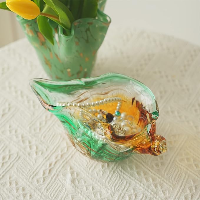 9inch Blown Glass Shell Vase,Handmade Seashell Potpourri Holder Art Glass Conch Seashell Figurine Collectibles Unique Conch Bowl for Home Decor Valentines Day Gift,Colorful