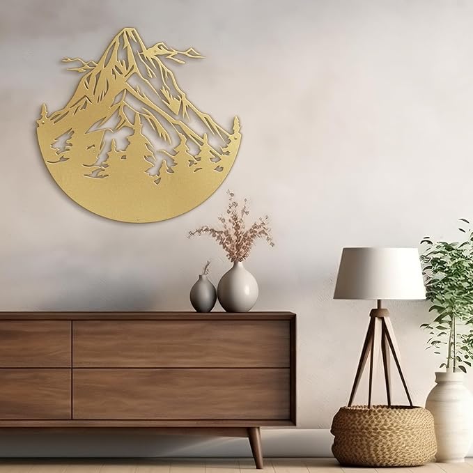 SIGNLEADER Metal Wall Art Decor Mountains and Pine Trees Minimalist Modern Abstract Wall Sculpture Hangings Home Decoration for Living Room, Bedroom, Bathroom, Kitchen, Outdoor - 18" Gold