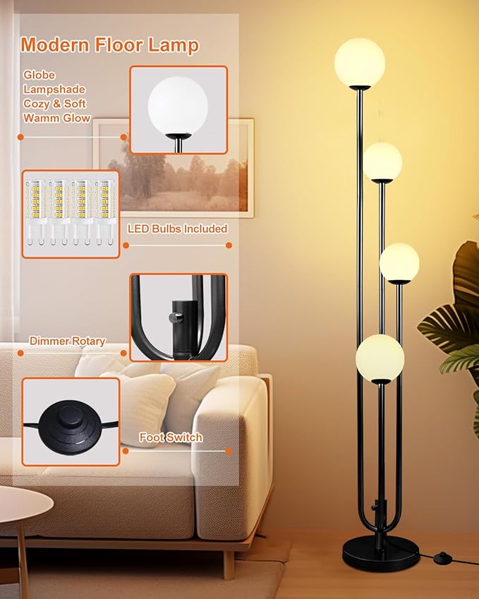 ACOHOOK 63IN 4-Light Dimmable Floor Lamp, Unique Black Tall Standing Lamps with Globe Shade &3000K G9 Bulbs for Reading, Mid Century Modern Floor Lamp for Living Room Bedroom Office