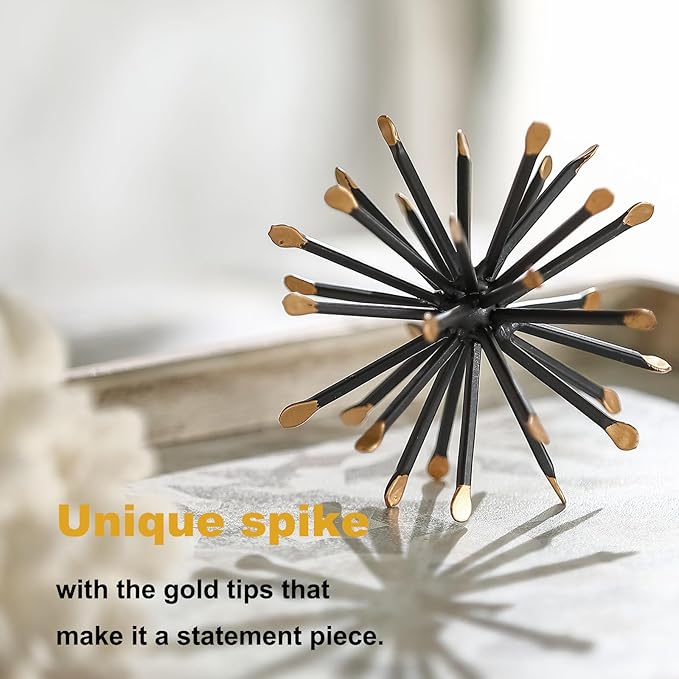 Black & Gold Sphere Decor, Metal Starburst Table Shelf Decor, Geometric Decorative Objects for Shelves, 3D Spike Decor Sculpture Home Decor Accents, 4.3”