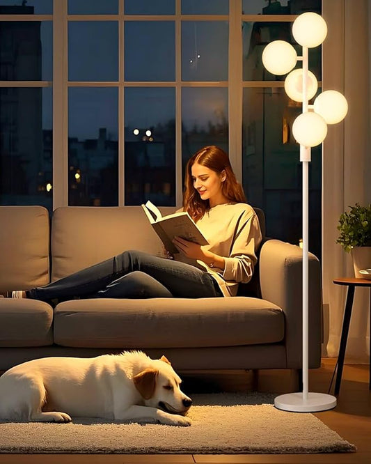 ACOHOOK 64IN Dimmable White Floor Lamp, Tall Standing Lamps with 5 Globe Soft Warm White Eye Care 3000K G9 Bulbs, Mid Century Modern Floor Lamp for Living Room Bedroom Office