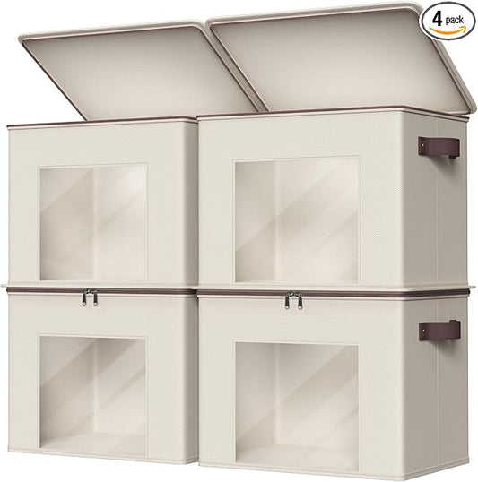 Zilink Fabric Storage Bins with Lid 4-Pack Stackable Cloth Storage Bins Sweater Organizer with Zipper & Clear Window Closet Organizers and Storage Box for Home, Office, Bedroom (Beige,17" x 12" x 12")