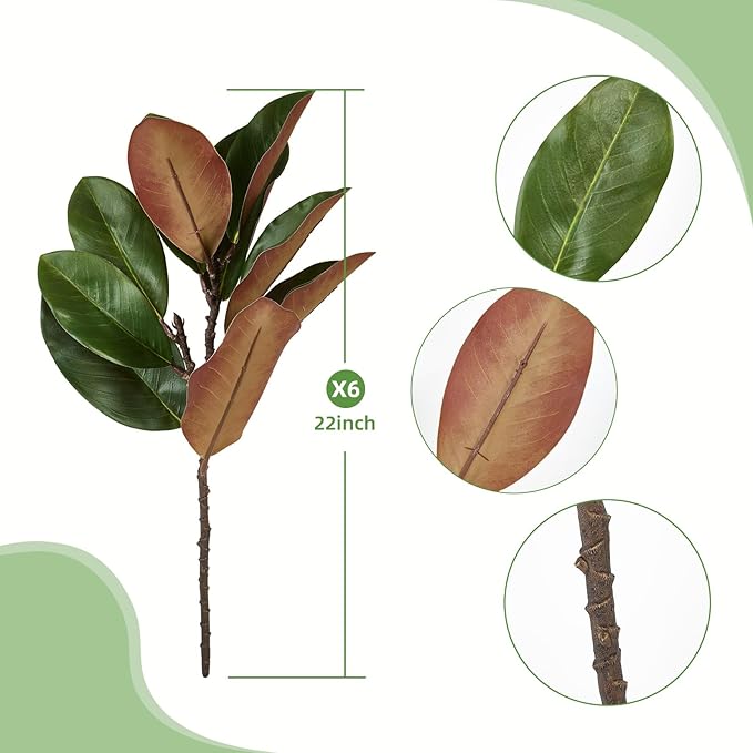 6 Pcs Magnolia Artificial Leaves Branches 22 Inch 3D Real Touch Faux Magnolia Stems Fake Magnolia Twigs for Indoor Outdoor Vase Filling Home Wedding Floral Arrangement Decoration
