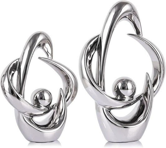 2PCS Home Decor Accent Ceramic Statue Abstract Sculptures Centerpieces Mid Century Modern Decor for Tables Coffee Table top Decorations for Living Room Desktop Shelf Dining Room Kitchen (Sliver)