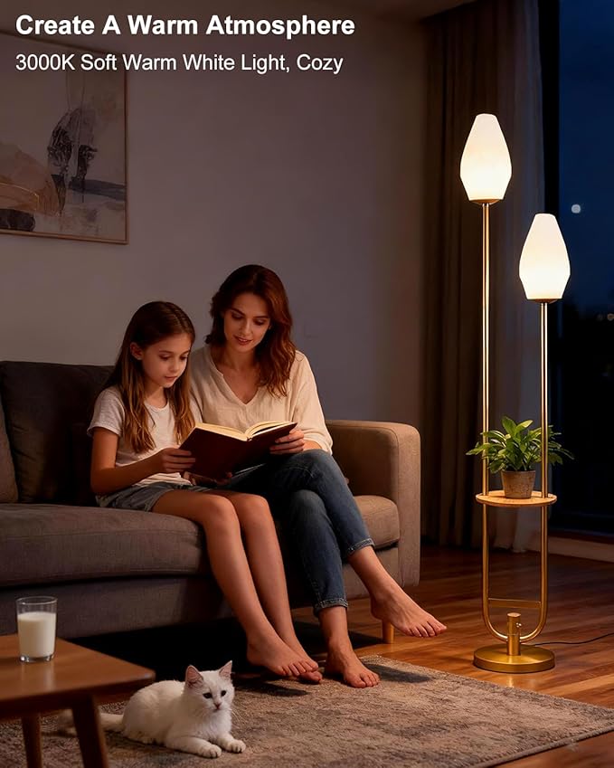 Lightdot 63IN Gold Floor Lamp with Shelf, Mid Century U-Shaped Tall Standing Lamps with 2 Rock-Shaped Lampshades, 3000K Warm White Unique Modern Dimmable Floor Lamp for Living Room/Bedroom