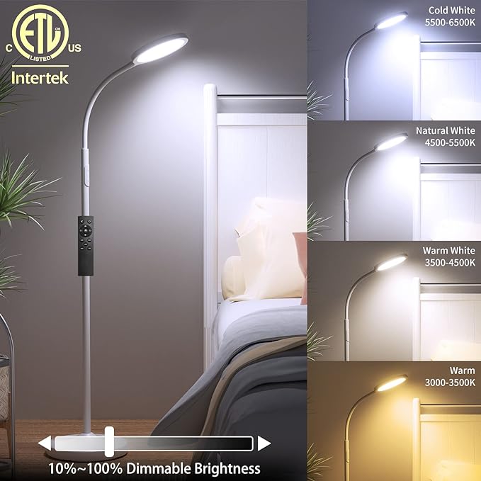 luckystyle White Floor Lamp,Super Bright Dimmable Led Floor Lamps for Living Room, Custom Color Temperature Standing Lamp with Remote Push Button, Adjustable Gooseneck Reading Floor Lamp (LK-1006)