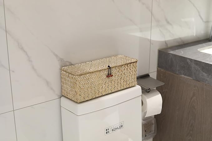 3 Section Seagrass Storage Basket, Handmade Shelf Baskets with Lid for Bathroom/Closet/Livingroom