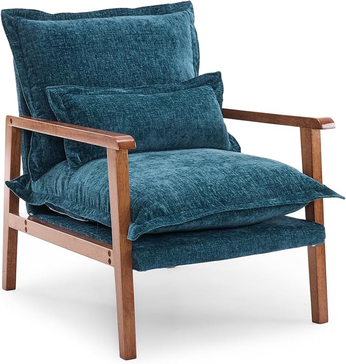 VINGLI Mid-Century Modern Cloud Accent Armchair with Lumbar Pillow, 6.3'' Thick Seat Cushion Comfortable Reading Chair with Wooden Armrests，Boho Lounge Chair for Bedroom, Living Room, Chenille, Teal