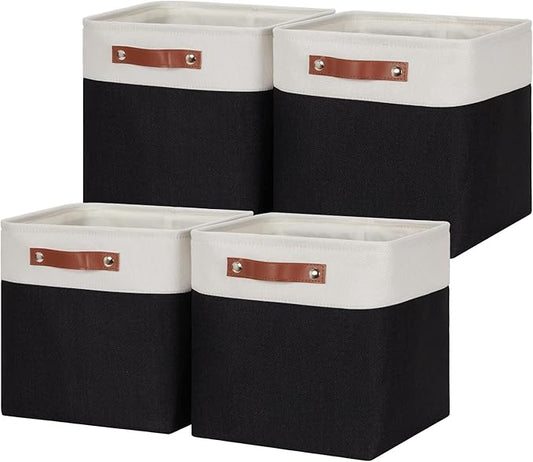 HNZIGE Foldable Storage Basket set,Fabric Storage Baskets for Shelves,Linen Closet Organizers (4 Pack) Storage Baskets,11x11 Storage Basket for Books,Clothes,Gifts with Handles(White&Black)