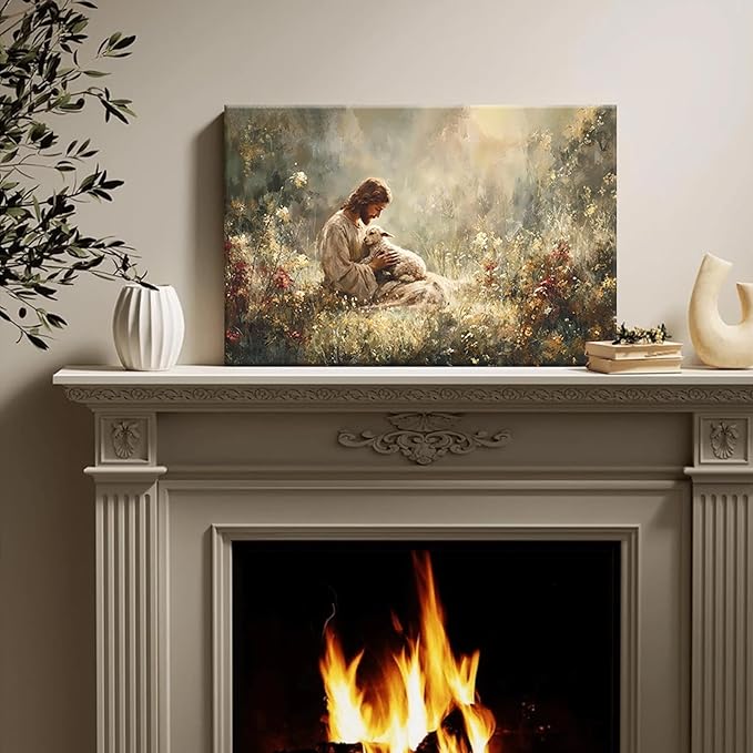 Jesus and Lamb Canvas Wall Art Jesus Holding The Lost Lamb Wall Decor Good Shepherd Poster God Leaves the 99 Sheep Pictures Christian Religious Painting for Living Room Church Prayer Room 16x12in