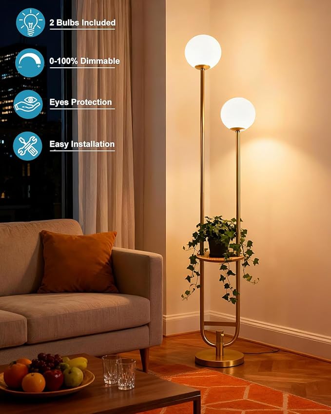 Lightdot 63IN Gold Floor Lamp with U Pole, 2 Globe Mid Century Standing Lamps with Warm White LED Bulbs, Unique Vintage Tall Floor Lamp for Living Room/Wedding/Party