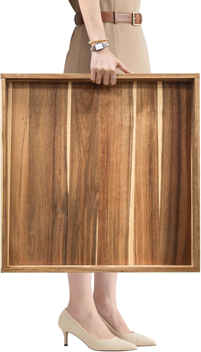 MAONAME Extra Large Square Ottoman Tray, 22" Acacia Wood Serving Tray for with Handles, Farmhouse Wooden Decorative Trays, Coffee Table Trays for Living Room, Countertop, Charcuterie