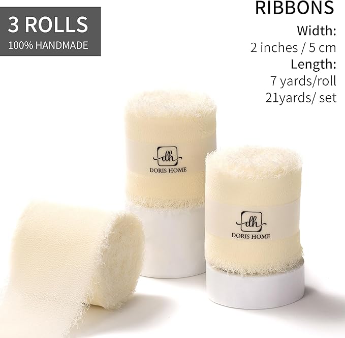 DORIS HOME Cream Chiffon Ribbon for Flower Bouquet, 2" x21Yd Fabric Ribbon for Gift Wrapping, Handmade Frayed Ribbon for Wedding, Chiffon Silk Ribbon for Christmas Decorations