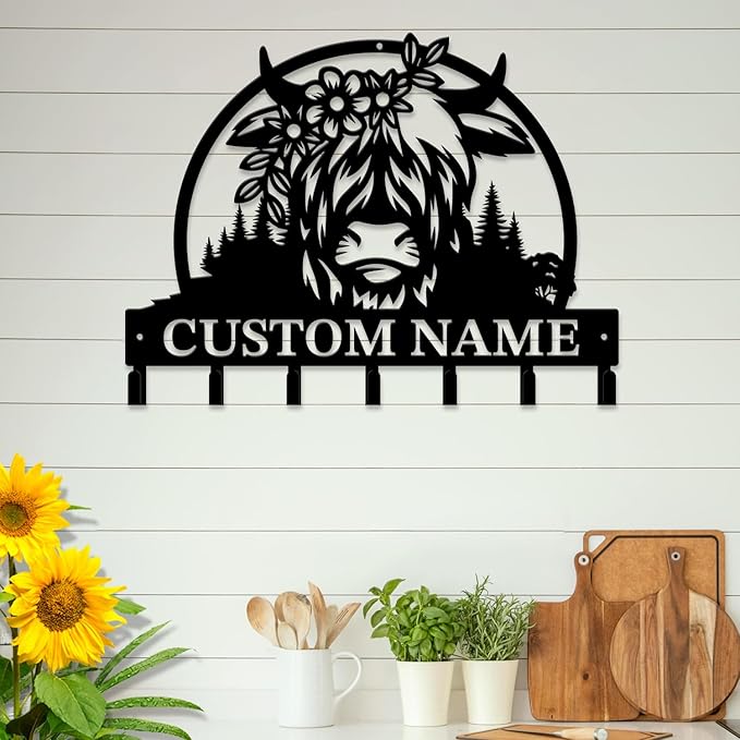 magilab Personalized Custom Highland Cow Wall Hooks,Metal Highland Cow Art Clothes Hooks,Metal Highland Cow Wall Home Storage Decorative,for Front Door, Hallway, Kitchen, Bedroom,Keys,Hats (Style N)