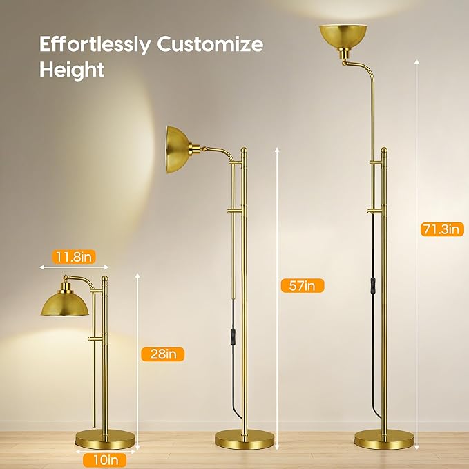 LANICHO Gold Floor Lamp, Industrial Modern Standing Lamp with Remote Control, 71" Height Adjustable, Finish Rustic Farmhouse Tall Reading Lamp for Bedroom, Over Couch Arched Reading Light