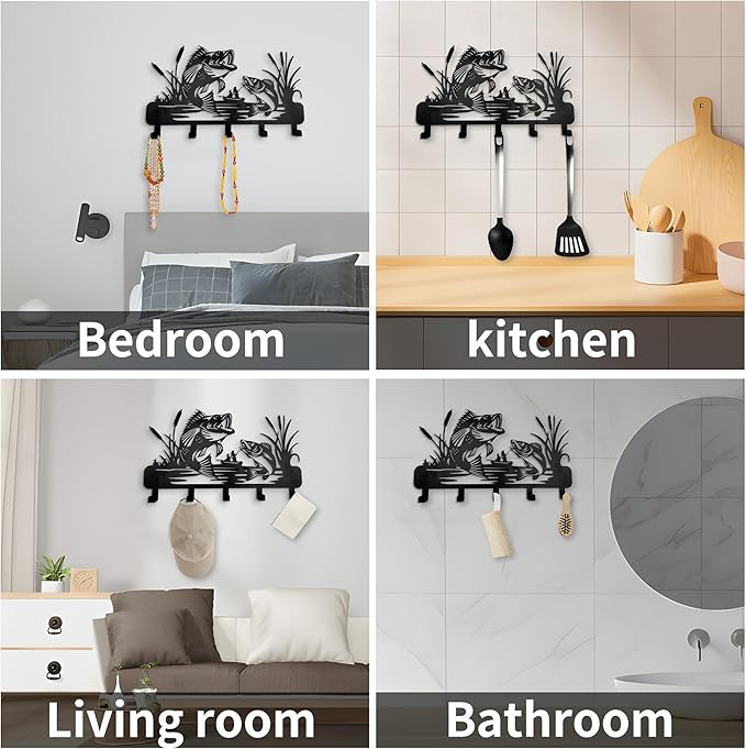 Aimery Metal Fish Coat Hooks Wall Art Decor-Fish Hangers and Key Holder-Clothes Rack and Backpack Holder for Wall Fishing Decor for Storage, Living Room, Hallway, Office