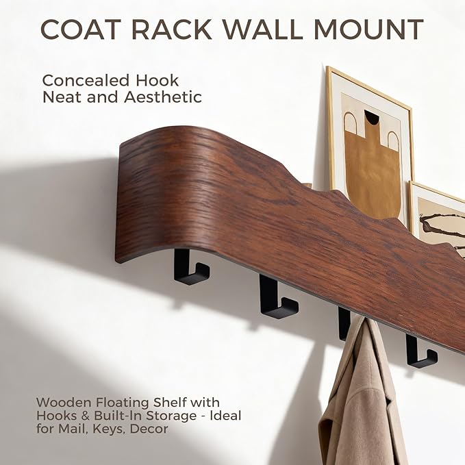 Wall Coat Rack Floating Shelves Modern Coat Rack Wall Mount with Storage Entryway Shelf Wooden Hanger 20 Inch 4 Hidden Metal Hooks for Living Room Bedroom (Wavy Walnut Color, 5 Hooks)