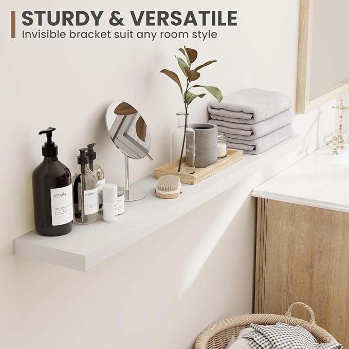 55 Inch Floating Shelves, 8 Inch Deep Floating Shelves for Wall, Hanging Shelf with Invisible Brackets, Deep Shelves for Bathroom, Bedroom, Living Room, White, Set of 2
