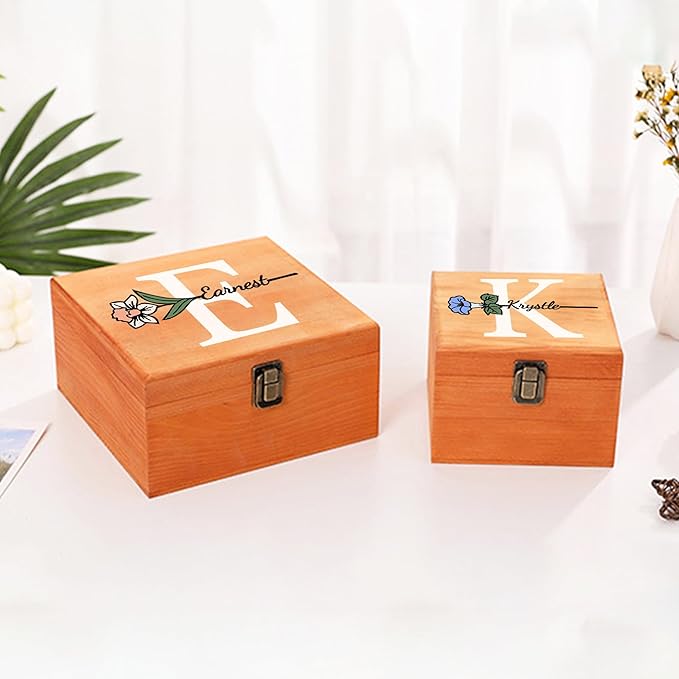 Personalized Wooden Keepsake Memory Box with Birth Flower & Name, Custom Wood Decorative Storage Box with Lids Customized Christmas Gift Box for Women Teen Girls Mom Birthday Gifts