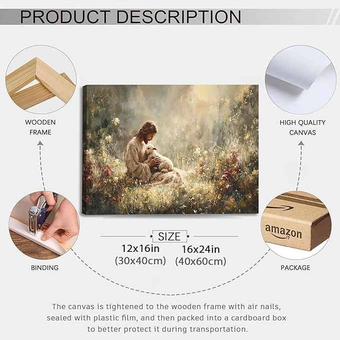 Jesus and Lamb Canvas Wall Art Jesus Holding The Lost Lamb Wall Decor Good Shepherd Poster God Leaves the 99 Sheep Pictures Christian Religious Painting for Living Room Church Prayer Room 16x12in