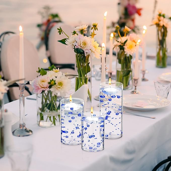 6 Set Glass Cylinder Vase with 8 Artificial Pearl String 12 White Floating Candle Multi-Size Cylinder Vase for Centerpieces 4"+ 6" + 8" Glass for Wedding Party Table Decor (6 Pcs-Blue)