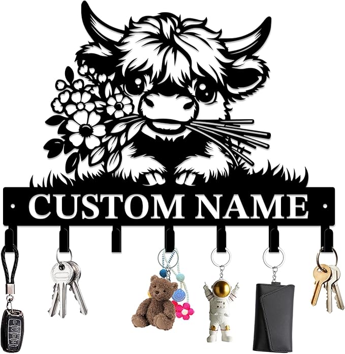 magilab Personalized Custom Highland Cow Wall Hooks,Metal Highland Cow Art Clothes Hooks,Metal Highland Cow Wall Home Storage Decorative,for Front Door, Hallway, Kitchen, Bedroom,Keys,Hats (Style I)