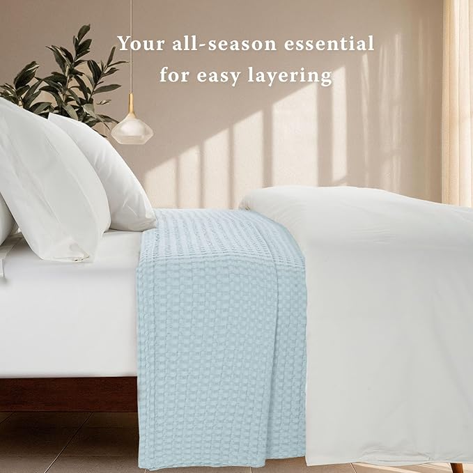 Threadmill Cooling Waffle Blanket King Size | Breathable, Lightweight and Cooling | Made from Rayon Derived from Bamboo | Waffle Throw Blanket for Couch and Sofa | 106 x 92 Inches | Light Blue