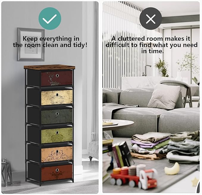 6 Drawers Storage Organizer Cabinet, Decorative Storage Chest, Small Dresser, Stand Nightstand for Bedroom, Living Room, Closet, Entryway, Hallway, Nursery, Dorm