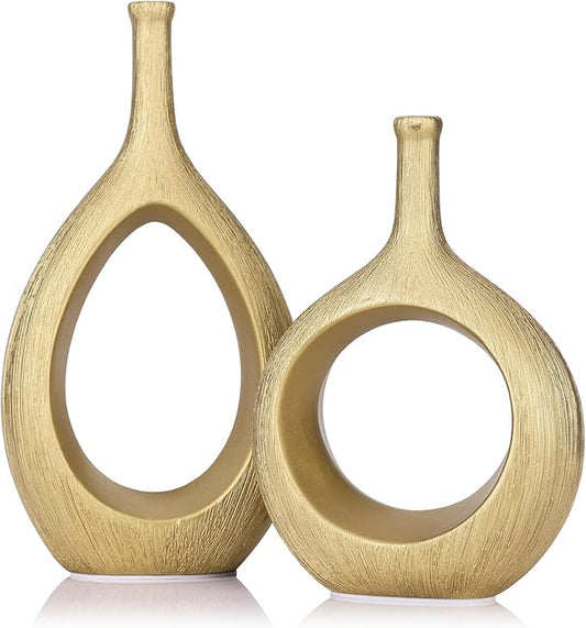 LCCCK Matte Gold Ceramic Vase Set of 2 - Ribbed Hollow Aesthetic Decorative Vase, Modern Farmhouse Table Centerpiece, Boho Gold Vases for Flower Decor and Home Living