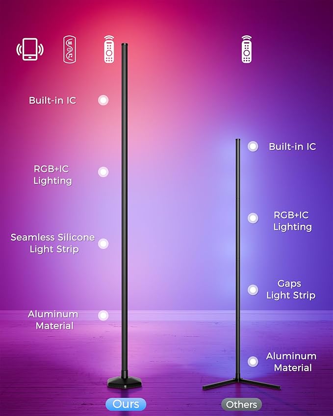 boostool Corner Floor Lamp, 65" RGB Color Changing led Floor lamp with APP and Remote Control, Dimmable Mood Light Corner Light with Music Sync, DIY Mode & Timing for Living Room Gaming Room