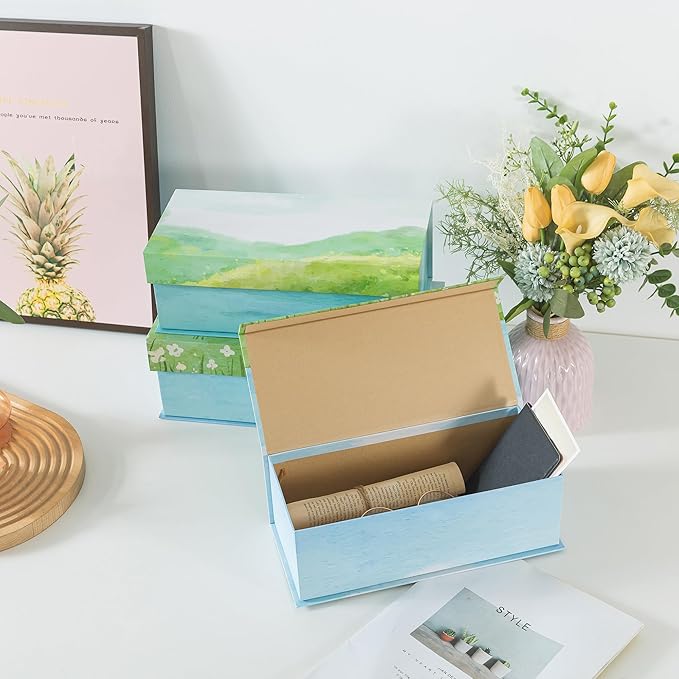 Soul & Lane Watercolor Decorative Storage Boxes with Lids - Set of 3 - Lakeside Meadow Whisper: Floral Memory Keepsake Boxes with Magnetic Closure, Cardboard Storage for Photos, Organizing, Gifts