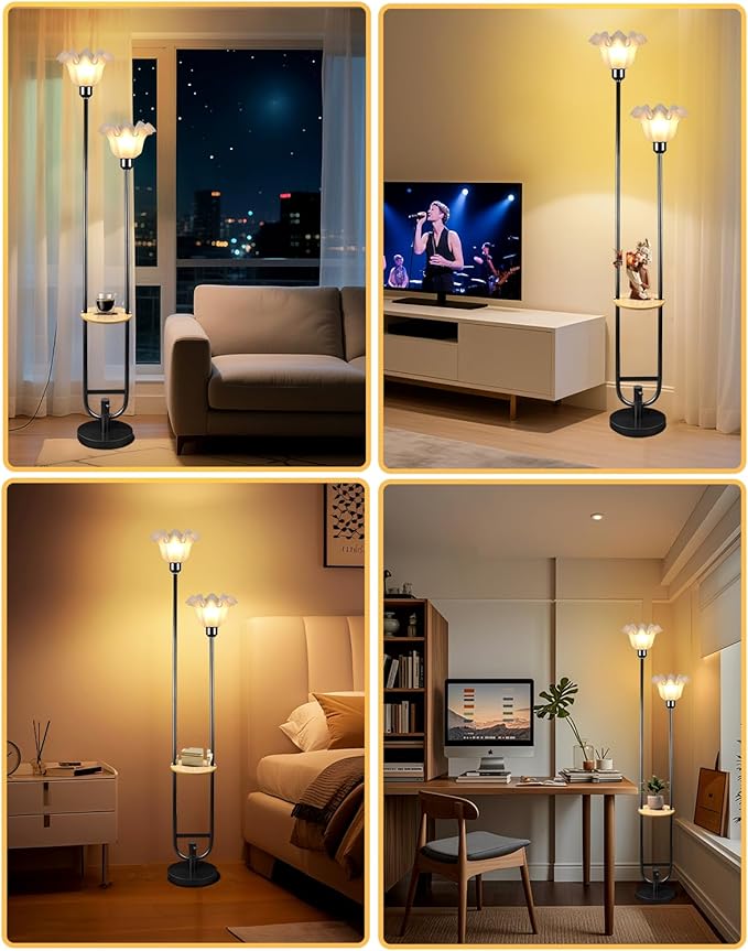 ACOHOOK Dimmable Flower Floor Lamps with Table, 2-Lights Floral Floor Lamp, 3000K Warmwhite Candle Holder Style Modern Floor Lamp, Rustic Black Standing Lamp for Living Room Bedroom