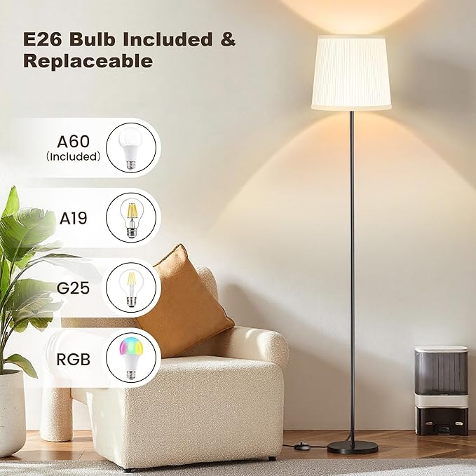 SIBRILLE Floor Lamp with Pleated Shade, 62" LED Dimmable Standing Lamp with Remote & Foot Switch, Color Options, 9W E26 Bulb Included, Modern Reading Light for Living Room Bedroom Office Corner, Black