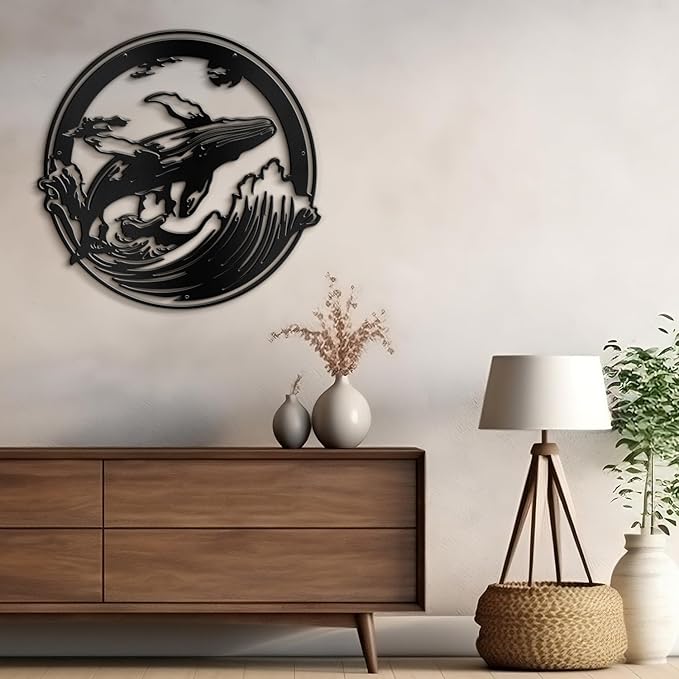 SIGNLEADER Metal Wall Art Decor Whale on Waves Minimalist Modern Abstract Wall Sculpture Hangings Home Decoration for Living Room, Bedroom, Bathroom, Kitchen, Outdoor - 18" Black