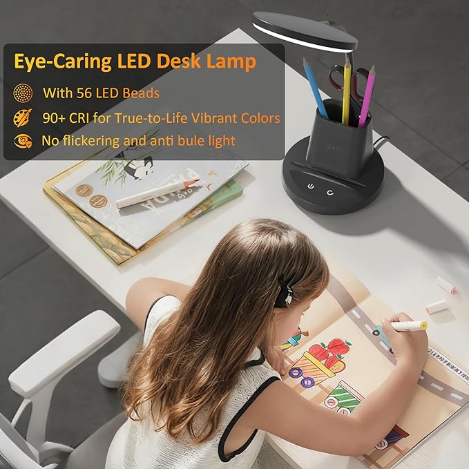 Desk Lamp with Wireless Charger, LED Desk Lamp for Home Office with Pen Holder, Dimmable Eye-Caring Study Desk Light Flexible Arm 3 Color Modes for College Dorm, 800 Lumens CRI 90