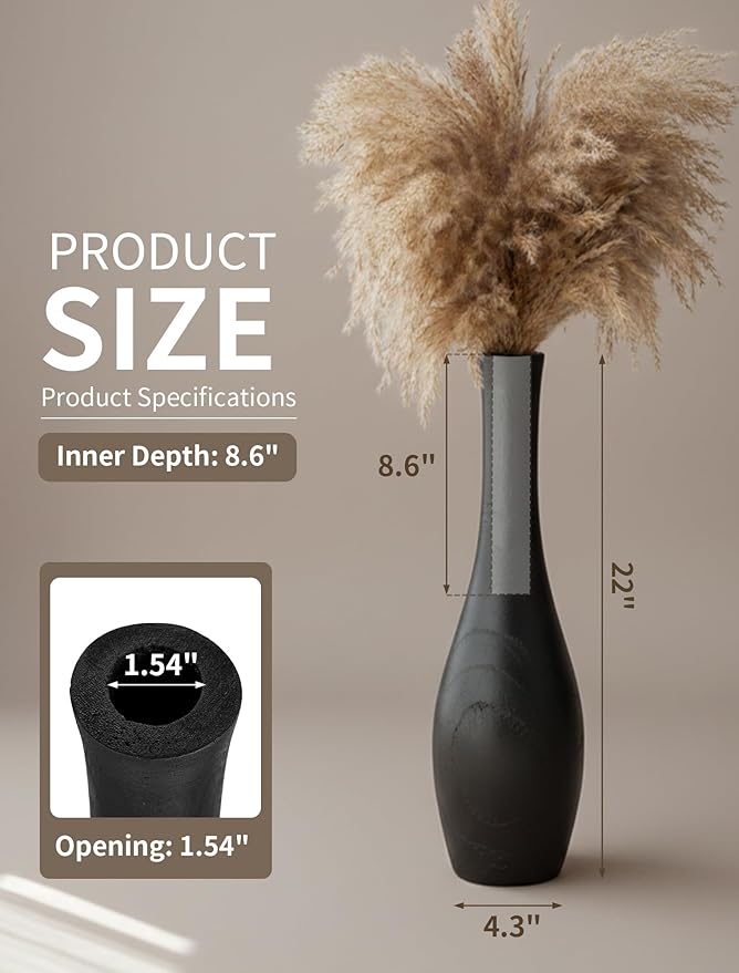 Hanobe Black Tall Floor Vase: 22 Inch Wooden Modern Decorative Vases for Living Room Bedroom Hallway Minimalist Large Standing Vase for Corner Fireplace Nook Decor