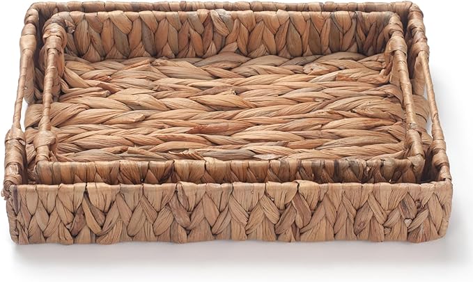 Water Hyacinth Rectangular Serving Tray for Coffee Table Natural Storage Baskets with Handles for Home and Kitchen Decor Set of 2