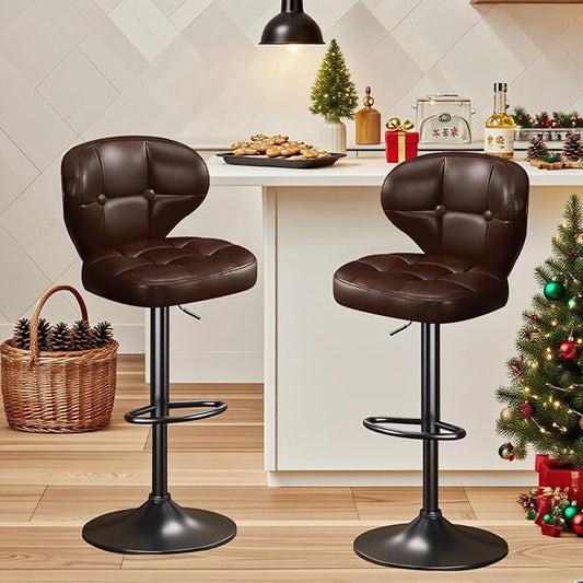 Bar Stools Set of 2,Adjustable Swivel Barstools, Modern PU Leather Upholstered Bar Chair with Back and Footrest,for Bar, Kitchen, Dining Room Brown-2