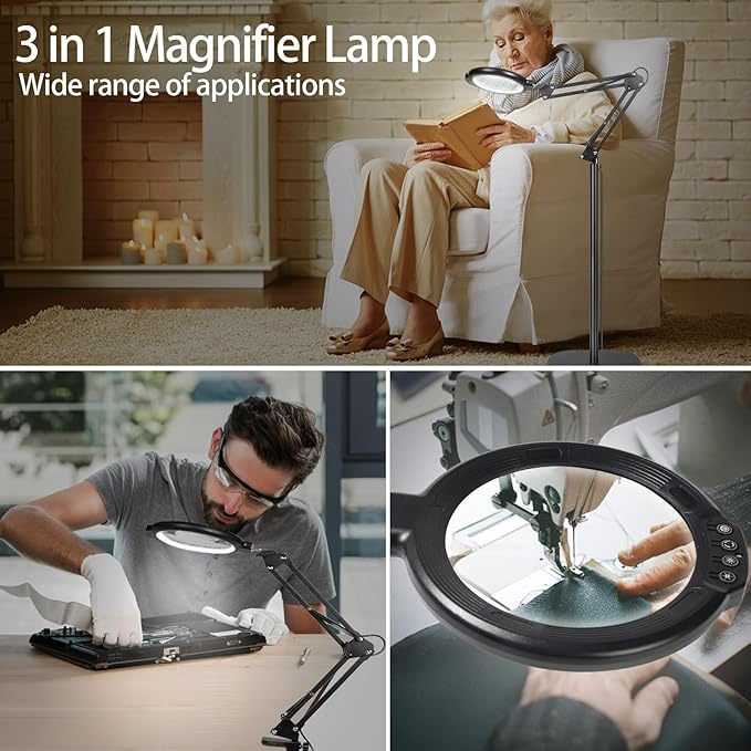 12X Floor Magnifying Glass with Light and Stand, 5.2" Large Floor Lamp Magnifier with 5 Color Modes 10 Dimmable Brightness, Hands Free Lighted Magnifying Glass with Clamp for Close Work Sewing (Black)
