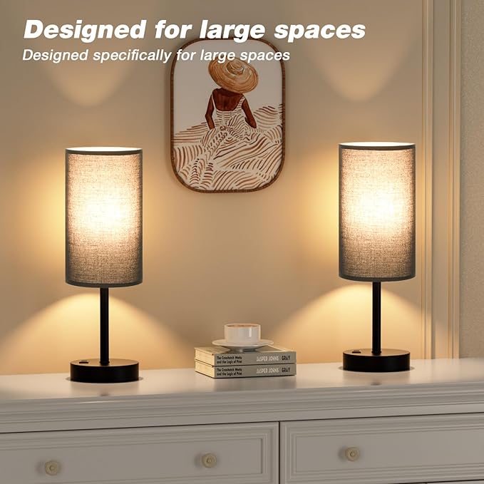 Fenmzee Touch Nightstand Lamp - Black, 3-Way Dimmable, USB A + C Charging, AC Outlet, 17.4inch Medium