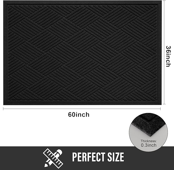 HIYARD Sturdy Front Door Mat, Absorbent Muddy Dirt Resist Welcome Door Mats Outdoor Indoor, Stain and Fade Resistant, Non-Slip Rubber Backing Low Profile Doormat for Entryway, 60×36, Black