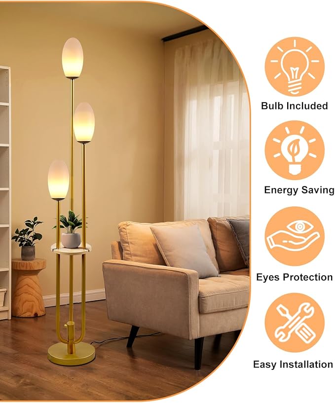 ACOHOOK Gold Dimmable Floor Lamp with Table, Unique Candle Holder Style Tall Standing Lamps with 3000K G9 Bulbs for Reading, Mid Century Modern Floor Lamp for Living Room Bedroom Office