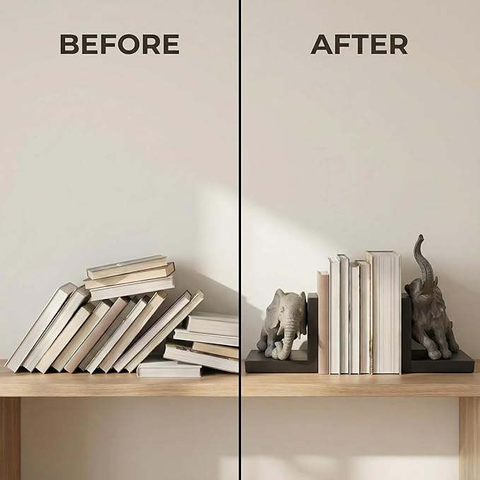 Comfy Hour 12" Large Elephant Decorative Bookends, Unique Heavy Duty Animal Book Ends for Shelves, Vintage Polyresin Book Stopper for Heavy Books, Gray & Black, 1 Pair