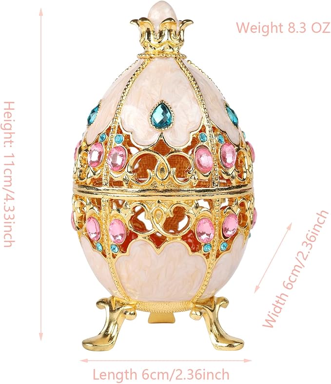 Trinket Box with Hinged White Hollow Out Easter Egg Enamel Jewelry Box Classic Ornaments Metal Craft Gift for Home Decor