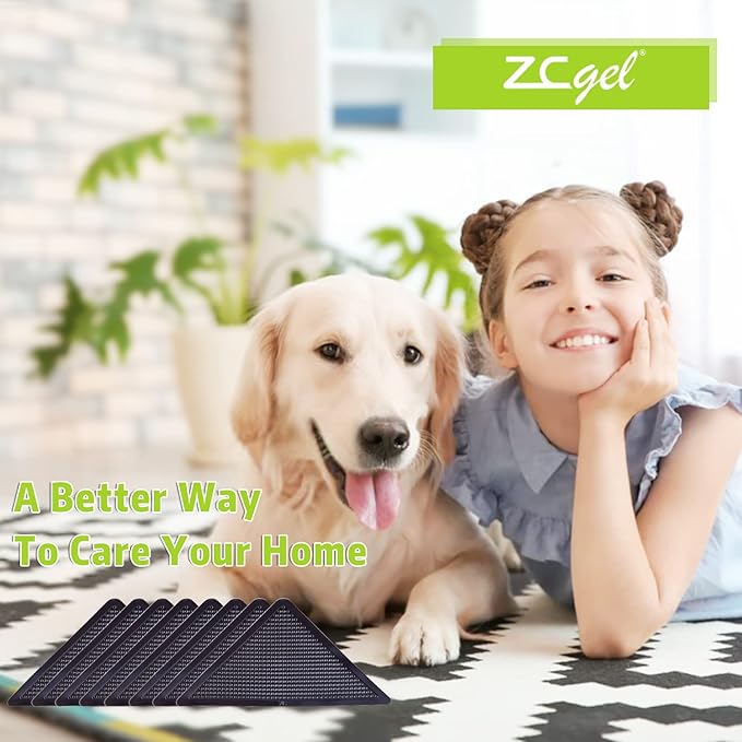 ZC GEL 8 Pcs Rug Tape Hardwood Floor No Damage, Reusable Washable Grippers for Rugs, Carpet Tape for Area Rugs, Non Slip Rug Pads Grippers (Black
