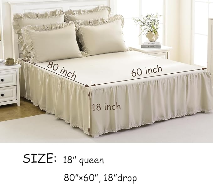 Vlocemon Queen Size 18 inch Drop Ivory Dust Ruffle, Crochet Edge Lace, Lightweight 100% Cotton, French Coutry Style Ruffled Bed Skirt with Split Corners