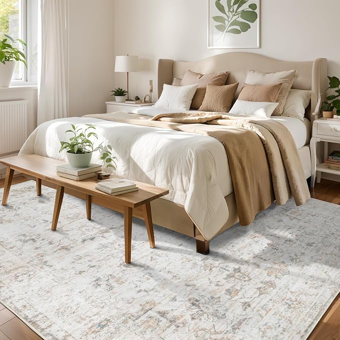 Dotiiorug Washable 8×10 Area Rug for Living Room, Vintage Floral Rug Soft Non Slip Stain Resistant Boho Carpet for Bedroom Dinning Room Home Office Beige