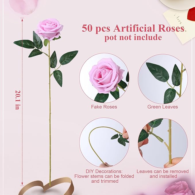 50 PCS Pink Roses Artificial Flowers, Fake Roses with Stem Realistic Silk Roses for DIY Wedding Bouquets Table Centerpieces Arrangements Baby Shower Birthday Home Decor Valentine's Day Gift for Her