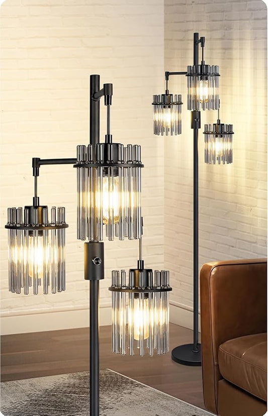 VOUTOORO Industrial Modern Floor Lamps for Living Room, Dimmable Glass Tree Standing Tall Lamps with 3 Elegant Teardrop Cage Head & 1200 Lumens LED Bulbs for Bedroom Office (66inch Tall)