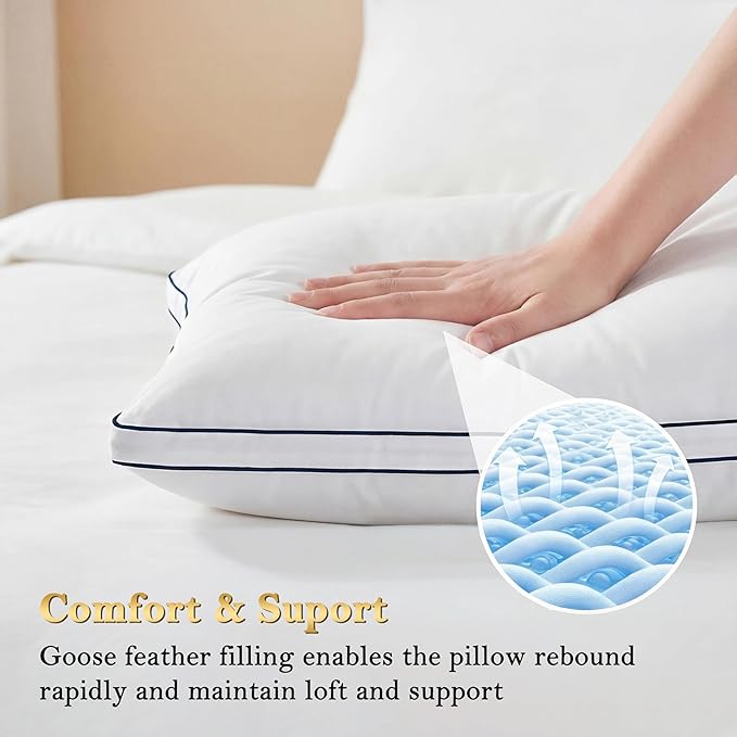 Homotive Feather Pillows Standard Size Set of 2 Goose Down Pillows with 100% Breathable Cotton Cover, Hotel Collection Bed Pillows for Sleeping, Soft Support for Back, Stomach and Side Sleepers